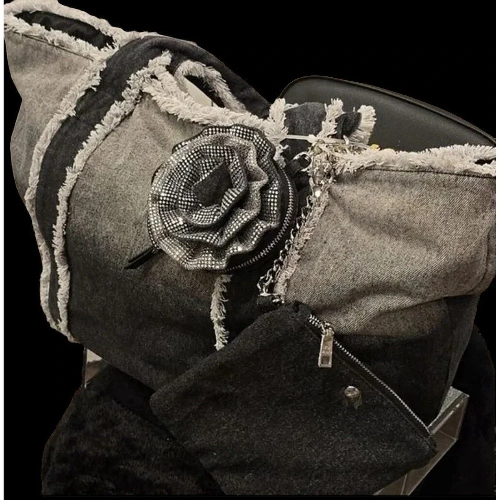 Steve Madden BBecki Distressed‎ Denim Tote Bag w/Flower Coin Wa& Wristlet